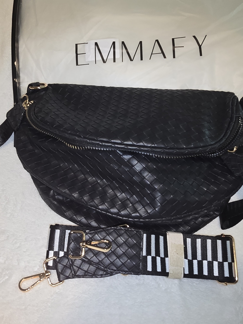 Black Woven Crossbody Bag with Detachable Striped Strap